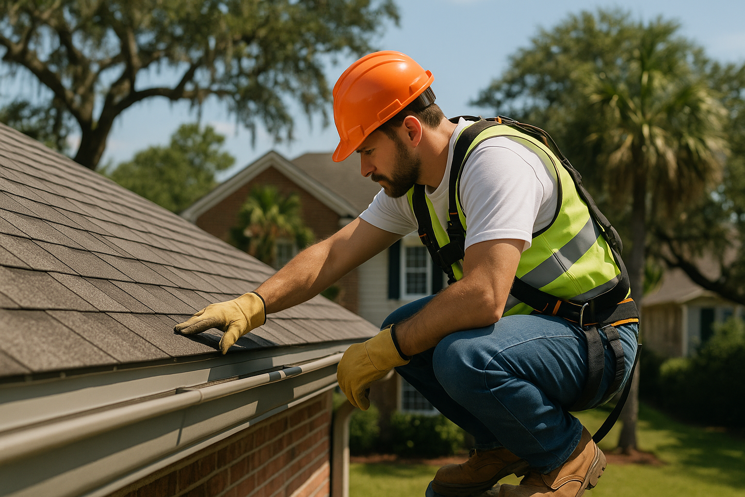 Editorial illustration depicting roof inspections before hurricane season savannah